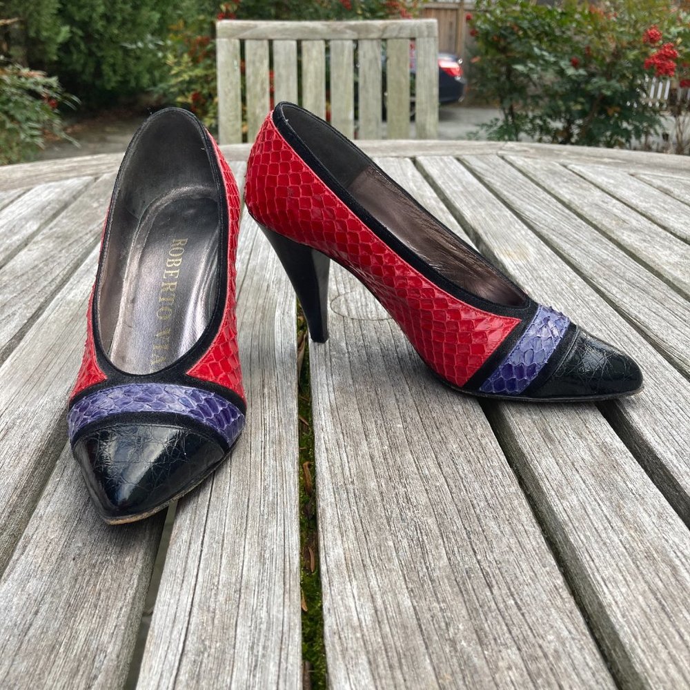 Roberto Cavalli Red Snake-Embossed Pointed Toe Heels with Purple Accent